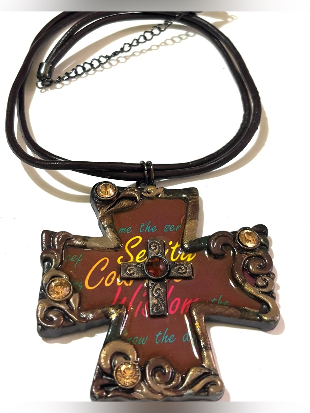 Vintage unisex Brown Cross Pendant Necklace with Amber Accents